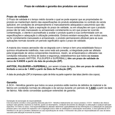 Documento em português com texto sobre validade e garantia de produtos em aerossol