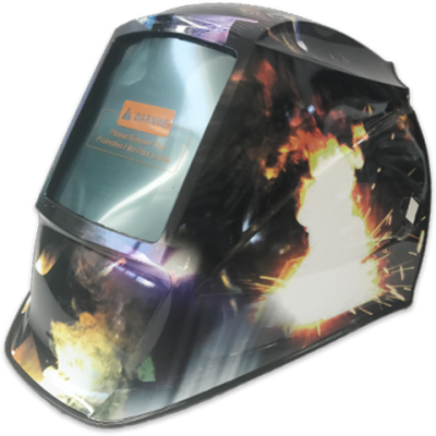 Capacete de soldador com visor e padrão gráfico de fogo