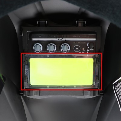 máscara de soldadura automática com visor amarelo e controlos rotativos