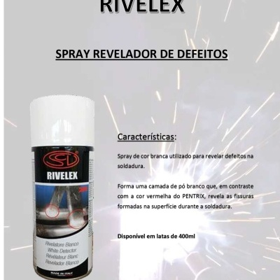 Spray revelador de defeitos RIVELEX em lata com rótulo preto e branco e texto explicativo.