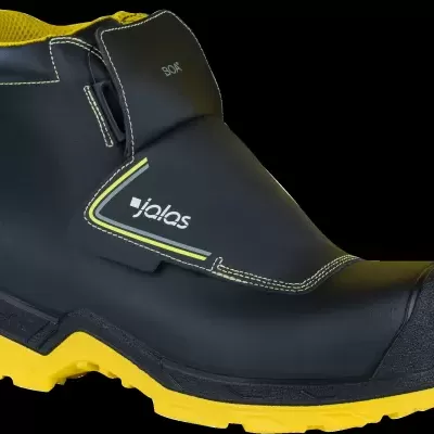 Bota de segurança preta com sola e interior amarelos e visor protetor lateral