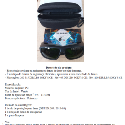 Óculos de Proteção Laser marca SOKY modelo T5S3