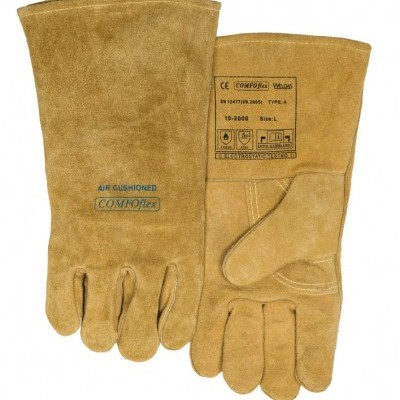 Par de luvas de proteção castanhas de couro com texto e detalhes técnicos