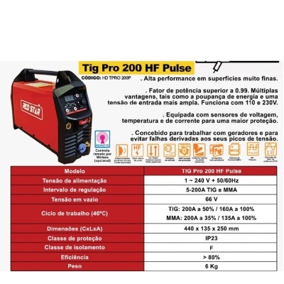 Equipamento RedStar TIG PRO 200 HF Pulse