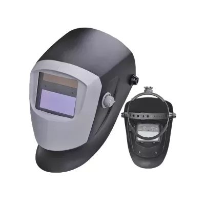 Capacete de soldadura preto e cinzento com viseira azul