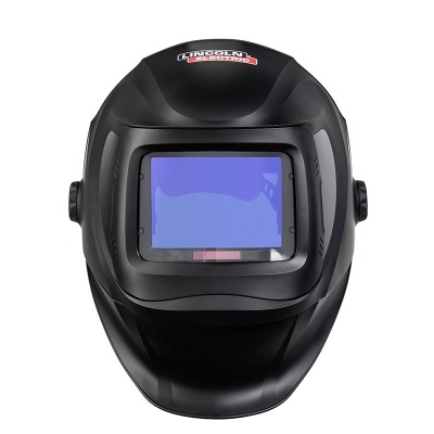 Máscara de soldadura preta com visor azul e logo Lincoln Electric