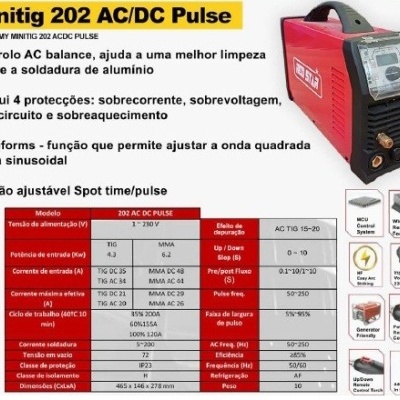 Equipamento Minibig 202 AC/DC Pulse vermelho e preto com texto explicativo em português