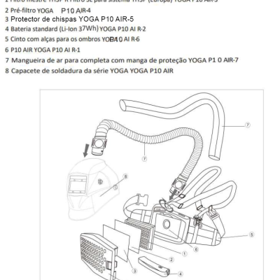 Desenho técnico de capacete de soldadura com peças numeradas e descrição em português.