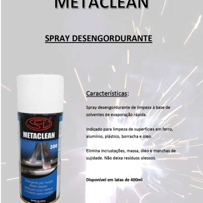Spray desengordurante METACLEAN com rótulo azul escuro e tampa branca, faíscas ao fundo e texto explicativo em português.