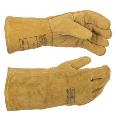 Luvas de trabalho em camurça bege com inscrições pretas