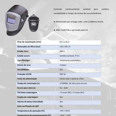 Máscara de soldadura Speedweld 9-13V preta com visor digital e tabela de características técnicas em fundo branco