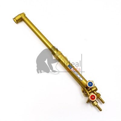 Maçarico de corte metálico dourado com válvulas azul e vermelha