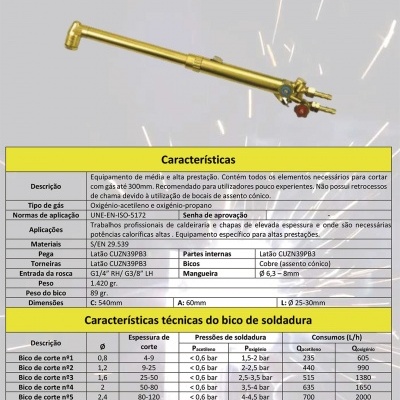 Maçarico de corte dourado com válvulas e tabela técnica amarela