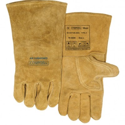 Par de luvas de trabalho castanho claro em couro com acolchoamento e selo de certificação