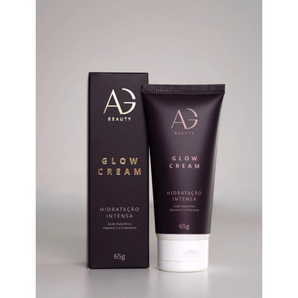 Glow Cream Hidratação Intensa Alyce Gontijo Creme hidratante AG Beauty Glow Cream em bisnaga preta ao lado da caixa preta