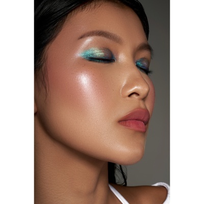 Rosto feminino com maquilhagem colorida e pele iluminada