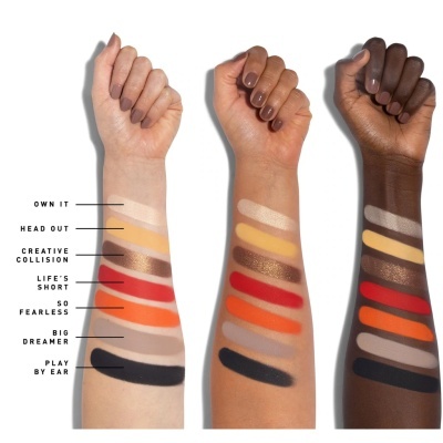 Três braços mostram amostras de sombras em várias cores com nomes ao lado no braço esquerdo.