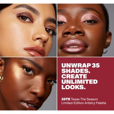 três mulheres com maquilhagem metálica e texto sobre paleta de maquilhagem