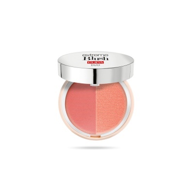 Blush compacto duo cor-de-rosa e coral com tampa prateada
