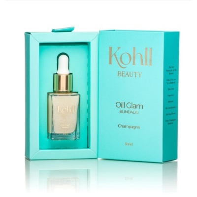 Frasco de óleo facial dourado Kohll Beauty embalagem azul