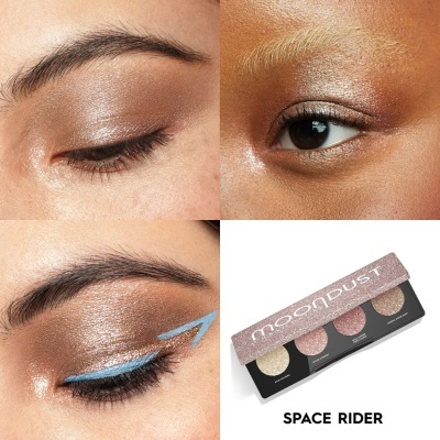 Paleta de sombras Moondust com quatro tons brilhantes e sombra aplicada nos olhos