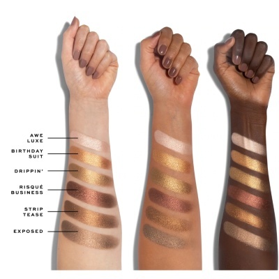 Amostras de maquiagem metálica em três tons de pele com nomes das cores ao lado