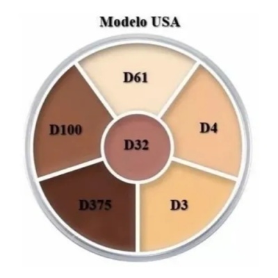 Paleta circular de cinco cores de pele modelo USA com códigos D61, D4, D3, D32, D100.