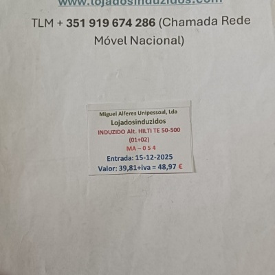 Etiqueta branca com texto impresso sobre empresa Miguel Alferes Unipessoal e produto INDUZIDO Alt. HILTI TE 50-500