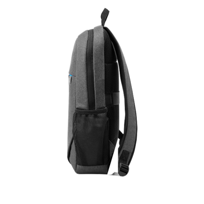 Mochila cinzenta vista de perfil com bolso lateral em rede preta