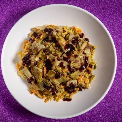 À Brás de alcachofra com redução de vinho do Porto