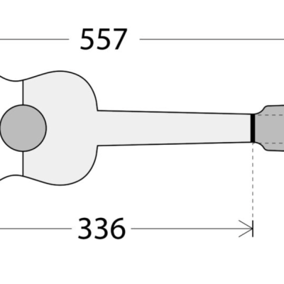Desenho técnico em preto e branco de uma guitarra com dimensões em milímetros