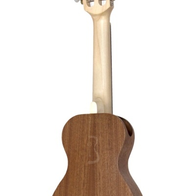 Ukulele de madeira castanha com braço claro visto de trás