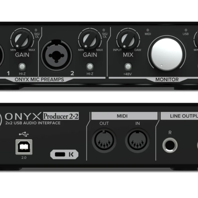 Interface de áudio USB ONYX Producer 2-2 preta com múltiplas entradas e saídas