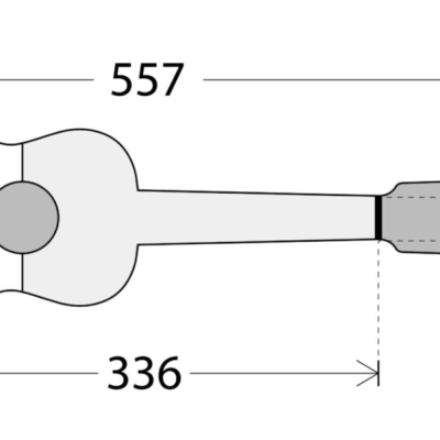 Desenho técnico de guitarra acústica com dimensões em milímetros