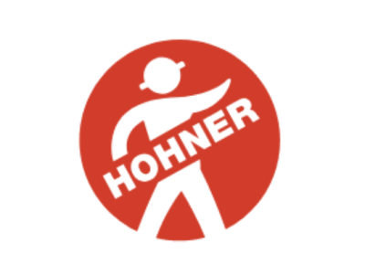 Logótipo HOHNER com figura estilizada branca sobre círculo vermelho