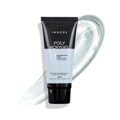 Frasco preto e azul claro do produto POLY ACRY GEL da marca INOCOS com textura translúcida ao fundo