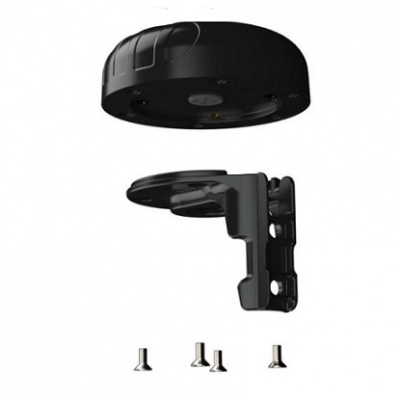 Conjunto de suporte e cobertura preta com parafusos em fundo branco.