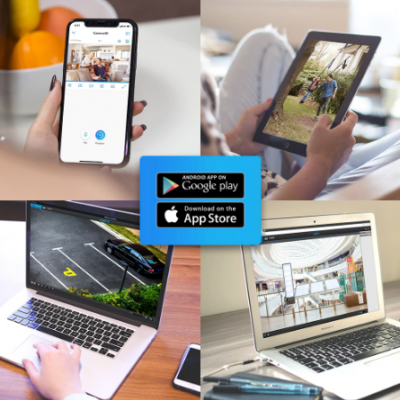 Dispositivos eletrónicos mostrando app de monitorização com logos Google play e App Store no centro.