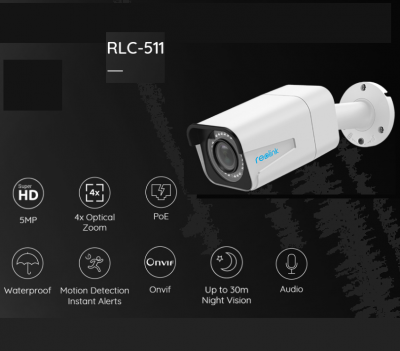 Reolink RLC-511 super HD 5M- Câm. IP e PoE. Zoom óptico 4X