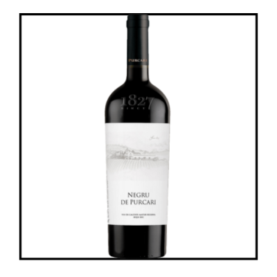 Garrafa de vinho tinto Negru de Purcari com rótulo branco e desenho de paisagem