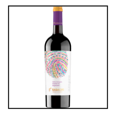 Garrafa de vinho Radacini com rótulo branco e impressão digital colorida