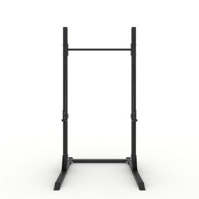 Estrutura de treino preta em metal com barra horizontal e colunas ajustáveis.