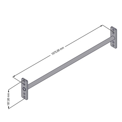 Barra metálica cinzenta com suportes para fixação e medidas indicadas