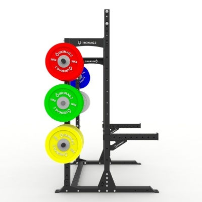 Suporte preto de metal com discos de pesos coloridos IRONAG