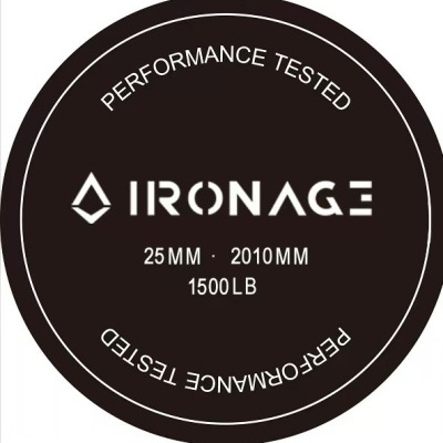 Logótipo circular preto com texto branco IRONAGE e medidas 25MM, 2010MM, 1500LB