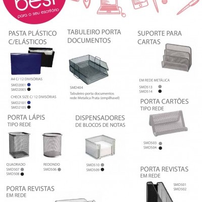 Produtos de organização de escritório da marca Smartd, como pastas, tabuleiros metálicos, suportes e organizadores de rede.
