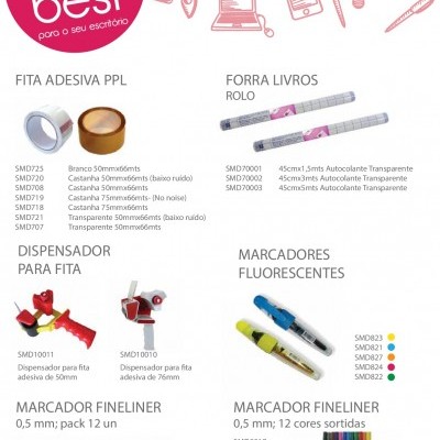 Produtos de escritório smartd: fita adesiva, forra livros, dispensadores de fita, marcadores fluorescentes e marcadores fineliner