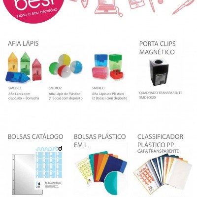 Catálogo de produtos de escritório com afiadores de lápis, porta clips magnético, bolsas catálogo, bolsas plásticas e classificador plástico