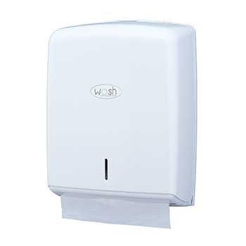 Dispenser de papel toalha branco Wosh em plástico rígido com papel a sair