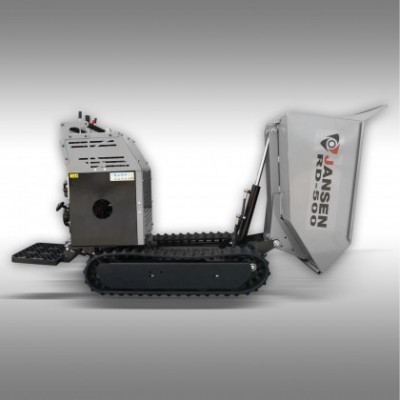 máquina de transporte mini dumper cinzenta com lagartas pretas e contentor JANSEN RD-500